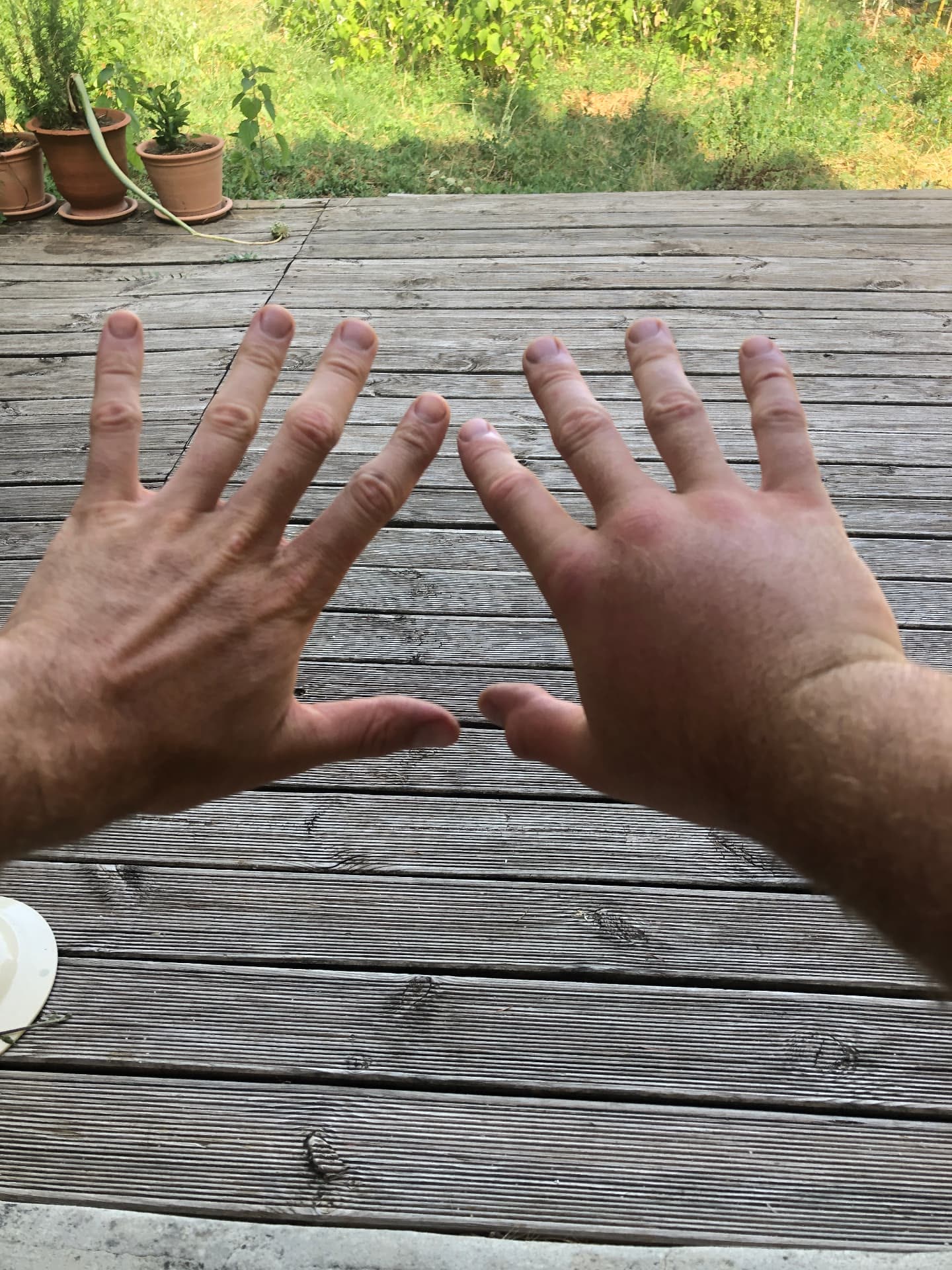 Deux mains ouvertes au-dessus d'une terrasse en bois