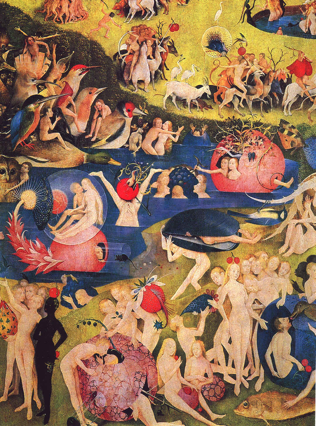 Détail d'une peinture foisonnante de personnages nus et de créatures